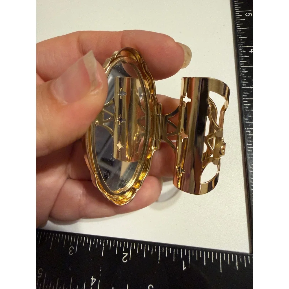 Vintage Gold Tone Lipstick Holder Case with Mirror Blue Floral Fabric Inlay